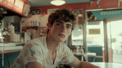 Portrait of a Young Man in a Retro Diner photo