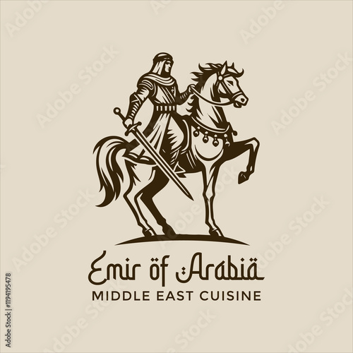 Arabian knight riding horse and holding sword vector logo 