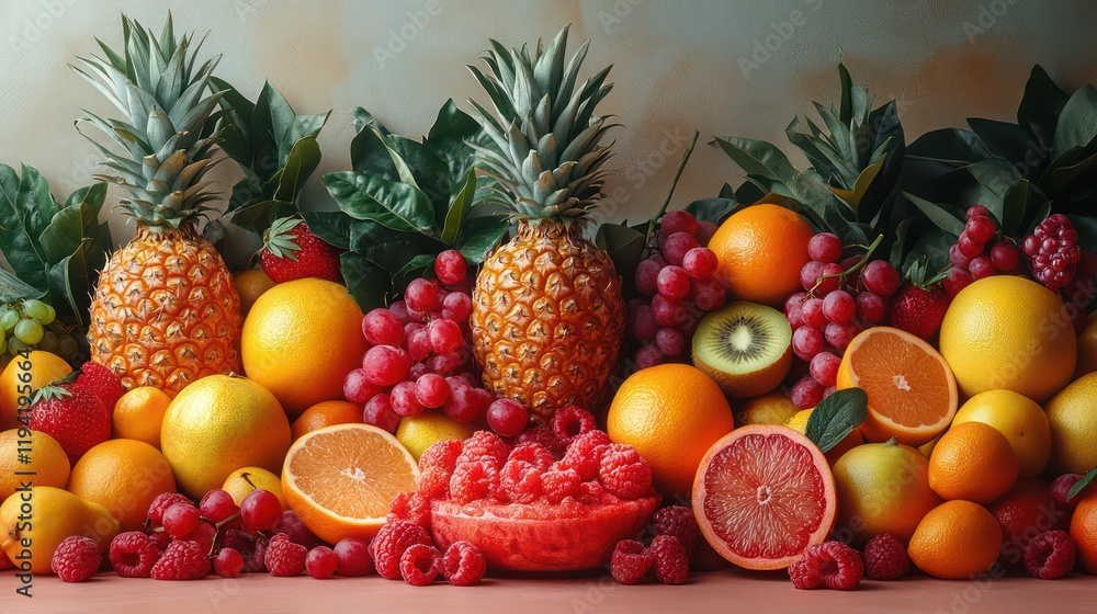 Vibrant Summer Fruit Abundance: A Colorful Still Life of Tropical and Citrus Delights Vibrant Summer Fruit Abundance: A Colorful Still Life of Tropical and Citrus Delights