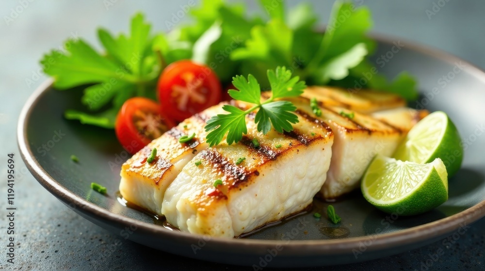 Grilled Fish Fillets with Vibrant Citrus and Fresh Herb Garnish on a Dark Plate Grilled Fish Fillets with Vibrant Citrus and Fresh Herb Garnish on a Dark Plate