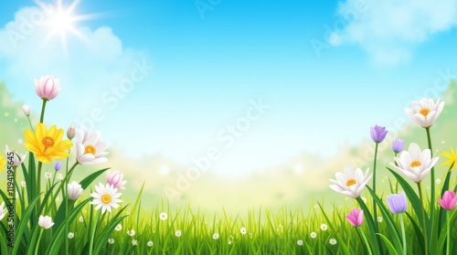 blooming flowers and green grass under a clear blue sky