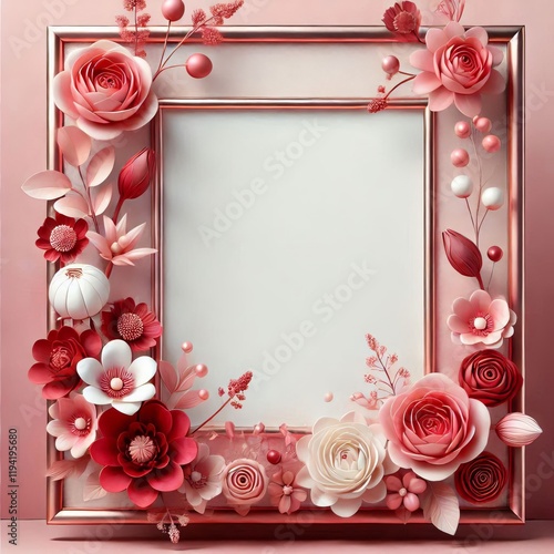 A floral frame with pink flowers and leaves, perfect for a photo, invitation, or congratulatory card design, featuring a decorative border and heart shapes for a romantic or valentine  theme photo