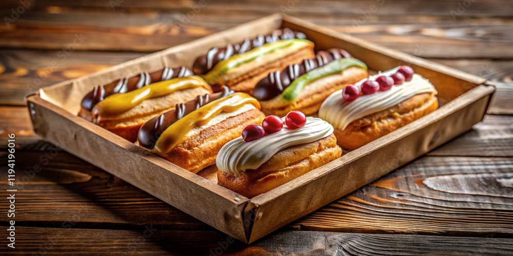 Delicious French Eclairs in a Box on Rustic Wooden Table - Close-up Pastry Image Delicious French Eclairs in a Box on Rustic Wooden Table - Close-up Pastry Image