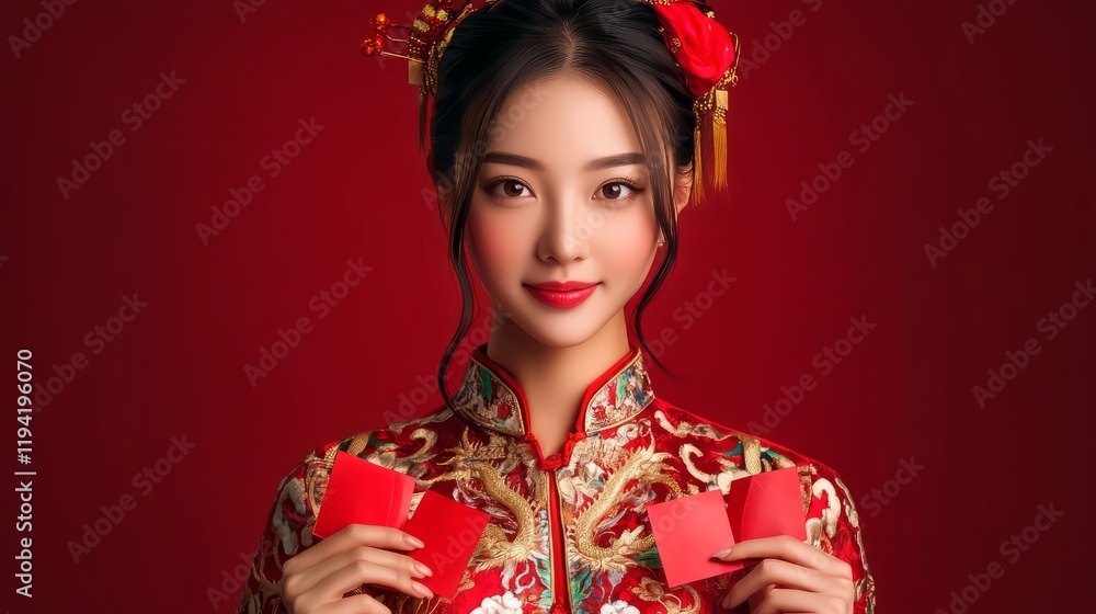 A woman in a traditional dress holds red envelopes, symbolizing prosperity and happiness. A woman in a traditional dress holds red envelopes, symbolizing prosperity and happiness.