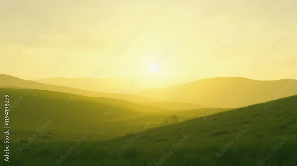Golden sunlight spreading across a horizon of grassy hills at sunrise, creating a peaceful and fresh atmosphere with soft green and warm tones. Golden sunlight spreading across a horizon of grassy hills at sunrise, creating a peaceful and fresh atmosphere with soft green and warm tones.