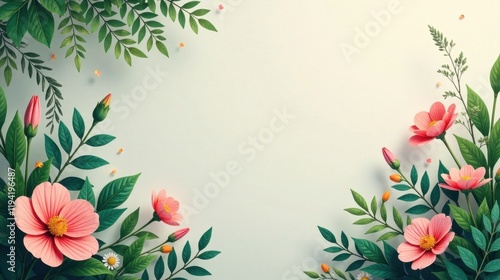A Delicate Arrangement of Pink Blossoms and Lush Greenery Forming a Frame on a Soft Background