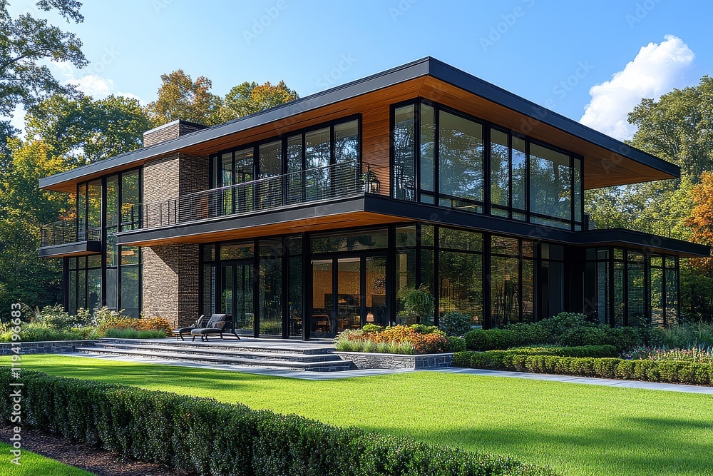 Modern two-story home in Alpharetta, Georgia, featuring large windows, black metal accents, and lush green grass with contemporary landscaping. Modern two-story home in Alpharetta, Georgia, featuring large windows, black metal accents, and lush green grass with contemporary landscaping.