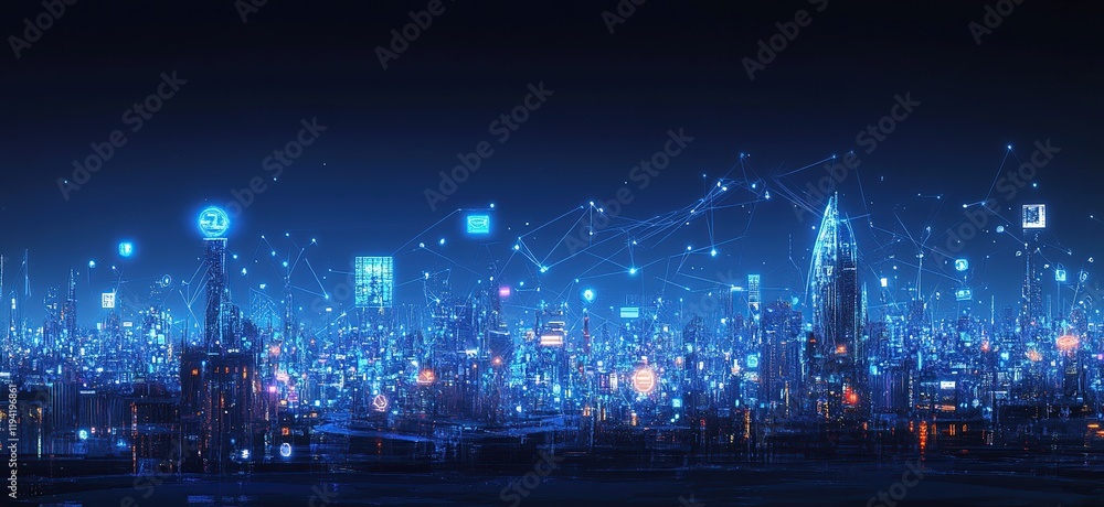 Smart City: Digital Network Illuminates Urban Skyline, Transforming Future Living with Technology Integration. Smart City: Digital Network Illuminates Urban Skyline, Transforming Future Living with Technology Integration.