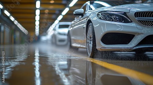Sleek white cars parked in a modern garage with reflections on wet floors and ambient lighting