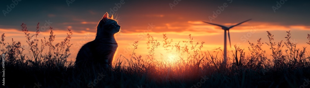 Sustainable energy future a cat's serene contemplation near a wind turbine at sunset Sustainable energy future a cat's serene contemplation near a wind turbine at sunset