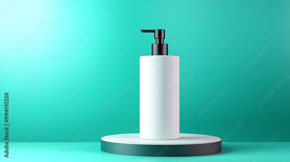 Elegant White Pump Bottle on Teal Platform Minimalist Product Display Clean Cosmetic Packaging Elegant White Pump Bottle on Teal Platform Minimalist Product Display Clean Cosmetic Packaging
