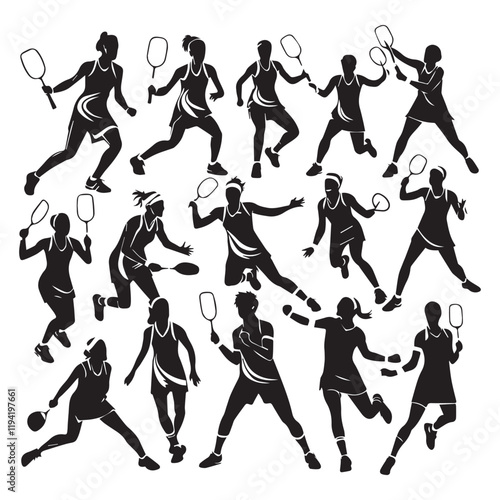 set of black various poses badminton players vector silhouettes