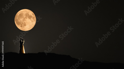 Silhouette of couple kissing under full moon at night photo