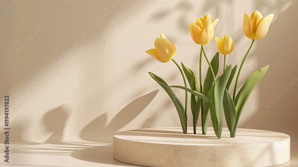 3d rendering of white podium with yellow tulip 3d rendering of white podium with yellow tulip