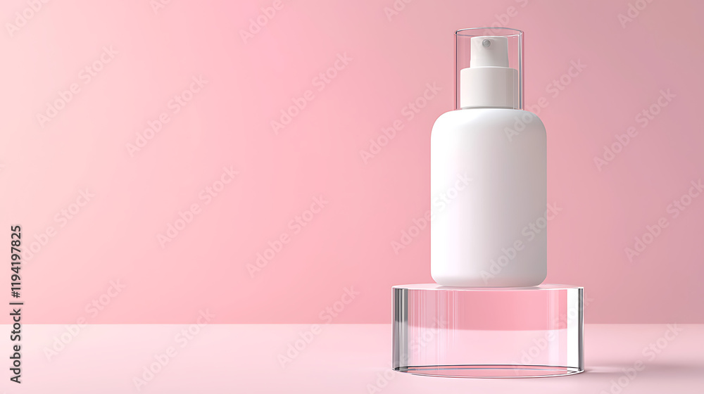 Elegant White Spray Bottle on Pink Glass Platform Cosmetic Product Mockup Beauty Packaging Elegant White Spray Bottle on Pink Glass Platform Cosmetic Product Mockup Beauty Packaging