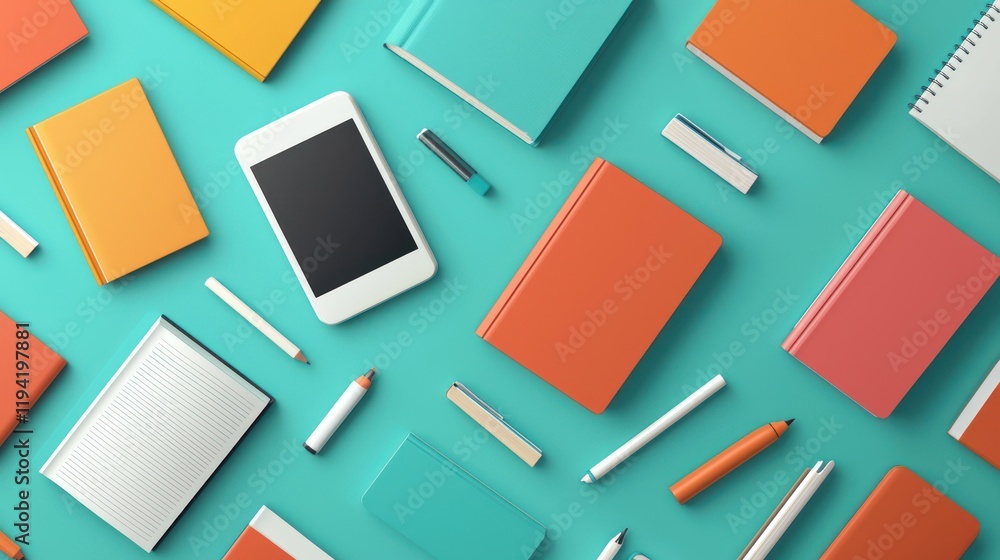 A colorful flat lay of notebooks, pens, and a smartphone on a teal background, showcasing a creative workspace setup. A colorful flat lay of notebooks, pens, and a smartphone on a teal background, showcasing a creative workspace setup.