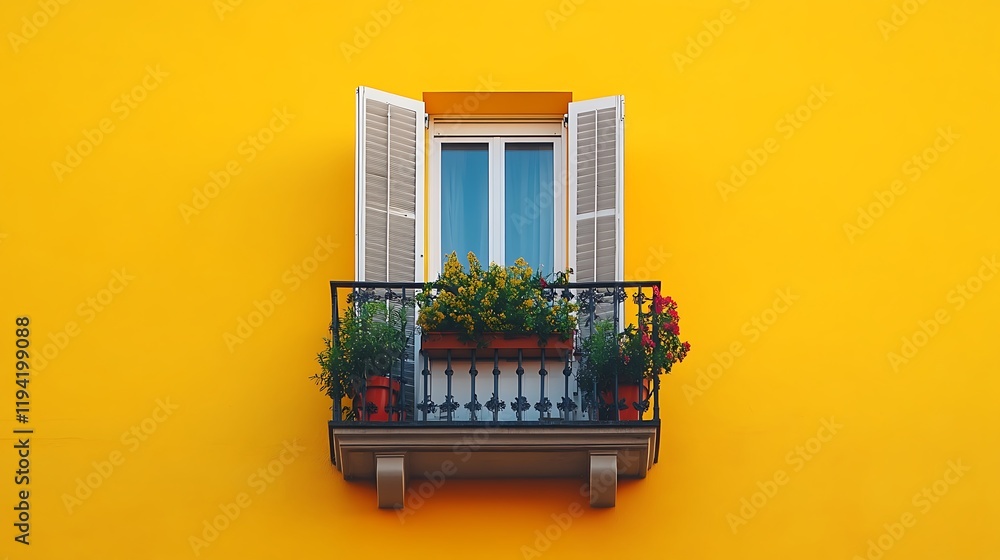 Charming balcony with flowers urban setting photography bright colors