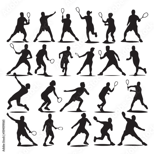 set of black various poses badminton players vector silhouettes