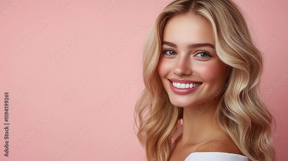 Woman smiling portrait studio photography pink background close-up Woman smiling portrait studio photography pink background close-up
