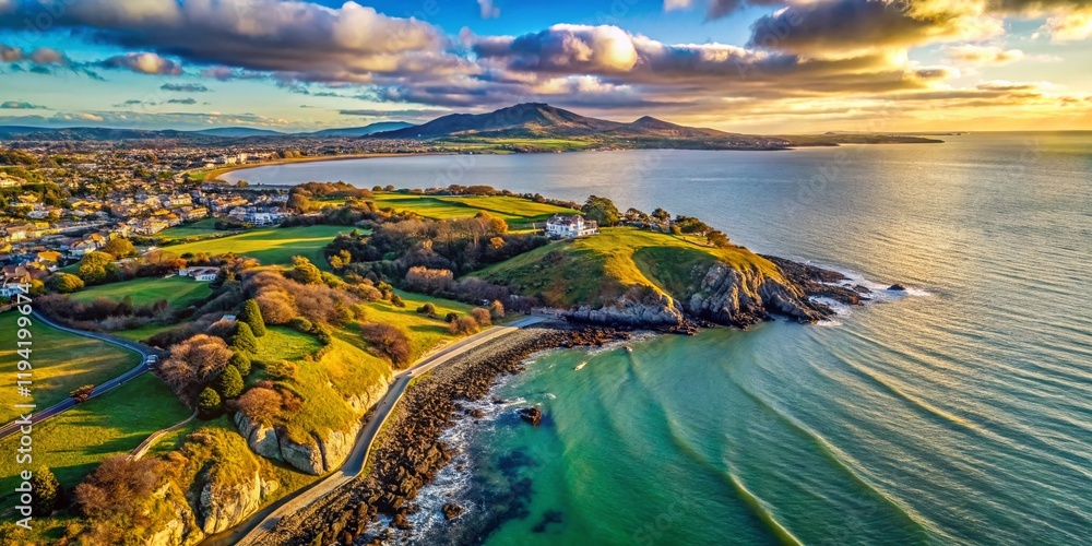 Fototapeta premium Dramatic Aerial View of Dalkey Island & Killiney Bay, Dublin Coastline, Ireland
