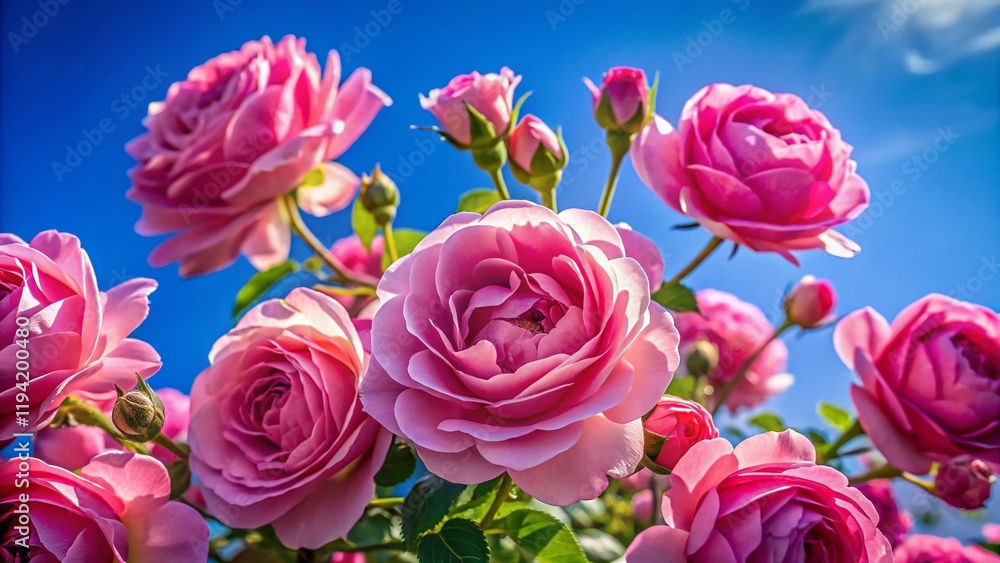 Fototapeta premium Dreamy Pink Roses Blooming Against a Vibrant Blue Sky - Beautiful Floral Stock Photo