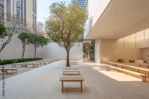 A long concrete wall with clean white plaster runs parallel to a peaceful city street, while a nearby tree casts a gentle shadow in the tranquil setting photo