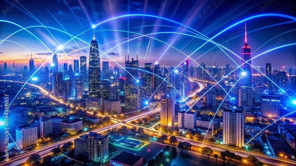 Obraz premium Drone View: Cityscape at Night, Cyber Security Network, Bright Data Streams