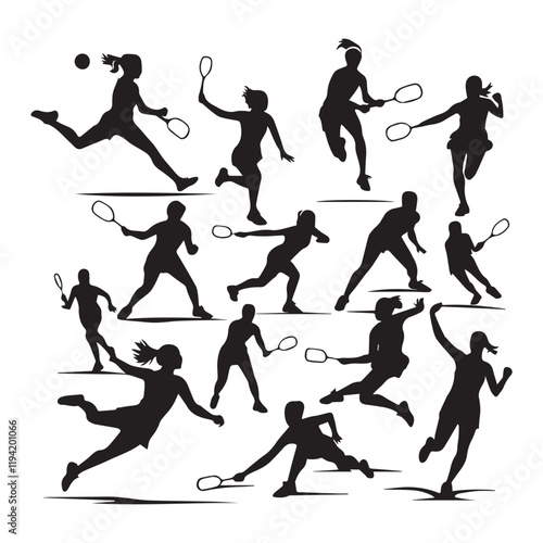 set of black various poses badminton players vector silhouettes