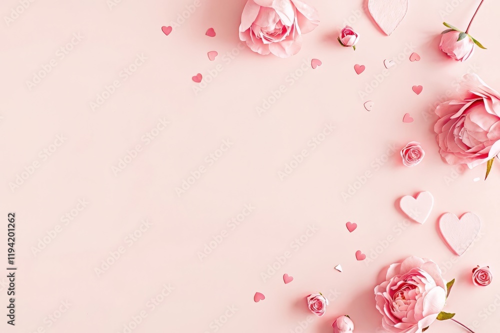 Fototapeta premium Romantic Pink Roses Hearts Confetti Background