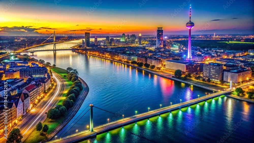 Fototapeta premium Dusseldorf Rhine River Night Aerial View - Colorful Cityscape Illumination