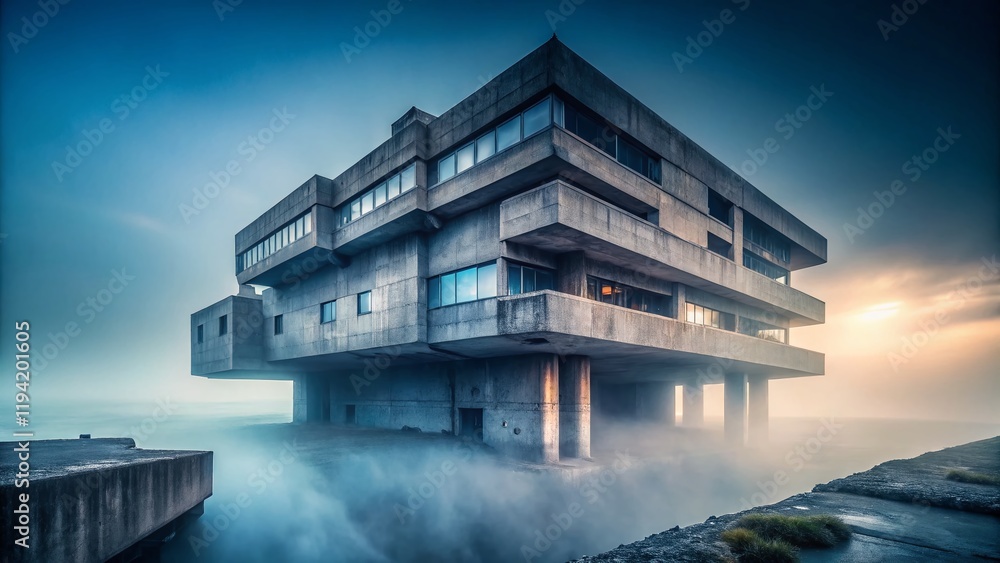 Eerie Brutalism: Fog-Shrouded Concrete Structure in Dystopian Landscape - Stock Photo Eerie Brutalism: Fog-Shrouded Concrete Structure in Dystopian Landscape - Stock Photo
