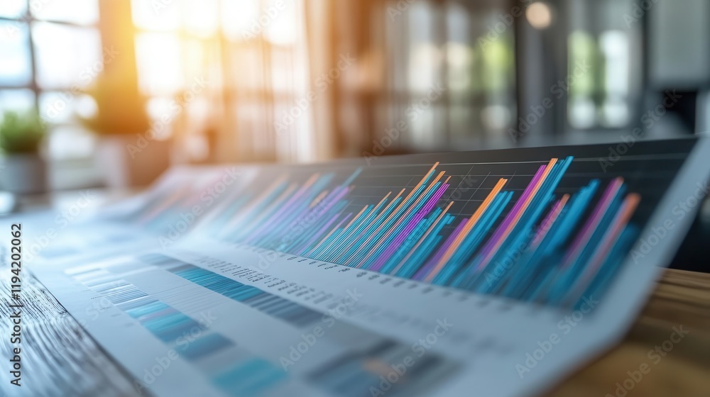 A colorful graph displaying data trends, placed on a wooden surface with a bright, sunlit background, indicating analysis in a modern workspace. A colorful graph displaying data trends, placed on a wooden surface with a bright, sunlit background, indicating analysis in a modern workspace.
