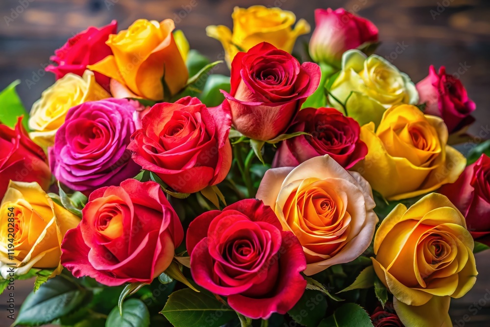 Obraz premium Elegant Pink, Red & Yellow Roses with Lush Green Foliage - Stock Photo