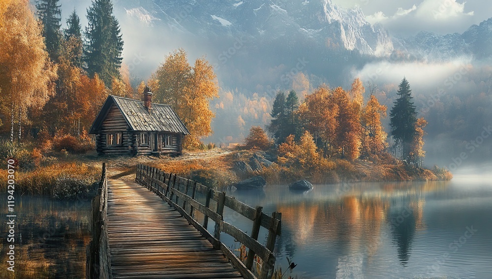 Fototapeta premium Autumnal Cabin by Misty Lake: Wooden Bridge Leads to Secluded Mountain Retreat, Serene Fall Scenery