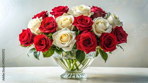 Elegant Red & White Rose Bouquet in Clear Vase, White Background - Stock Photo