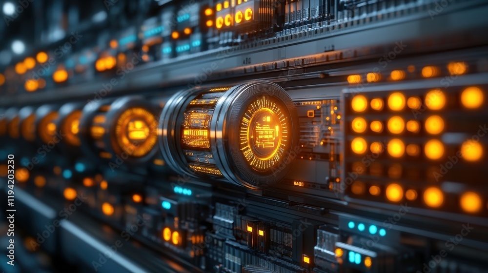 Naklejka premium Intricate Close-Up View of a Modern Data Server System Featuring Illuminated Components and Complex Circuit Designs for Technology and Innovation Concepts