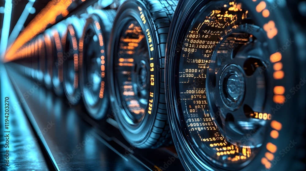 Fototapeta premium Futuristic Vehicle Tires Displaying Digital Data