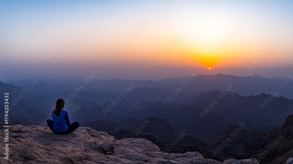 A young woman sits cross-legged on a rocky mountain peak at dawn, embracing solitude and serenity as the sun rises in the background, illuminating the landscape A young woman sits cross-legged on a rocky mountain peak at dawn, embracing solitude and serenity as the sun rises in the background, illuminating the landscape