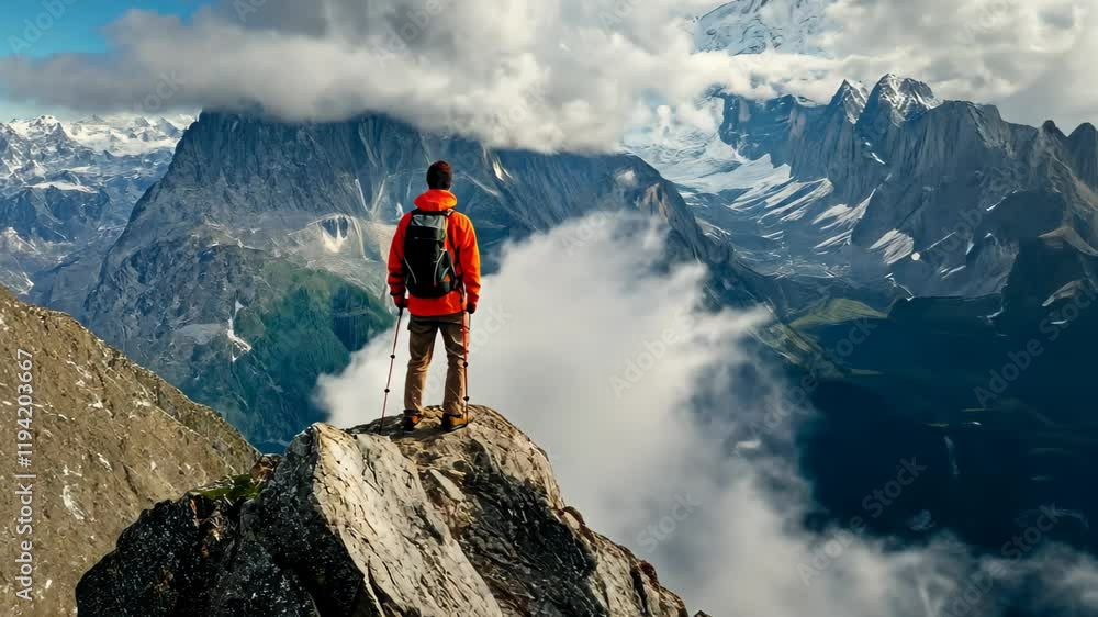 Hiker enjoys breathtaking view from mountain peak surrounded by majestic clouds and towering snow capped mountains, HIker Standing on Top of a Mountain Peak Looking at Panorama of Mountains Hiker enjoys breathtaking view from mountain peak surrounded by majestic clouds and towering snow capped mountains, HIker Standing on Top of a Mountain Peak Looking at Panorama of Mountains
