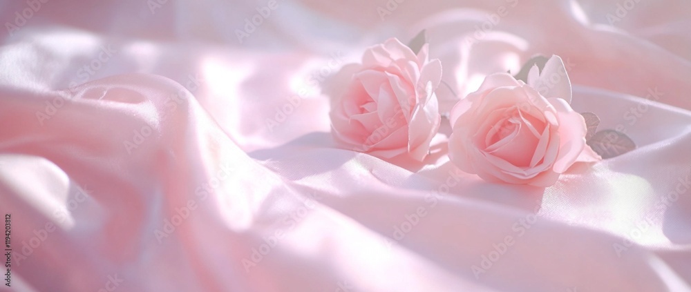 Two Delicate Pink Roses on Soft Pink Silk Fabric Background, Romantic, Elegant, Wedding, Valentines Day, Two Delicate Pink Roses on Soft Pink Silk Fabric Background, Romantic, Elegant, Wedding, Valentines Day,