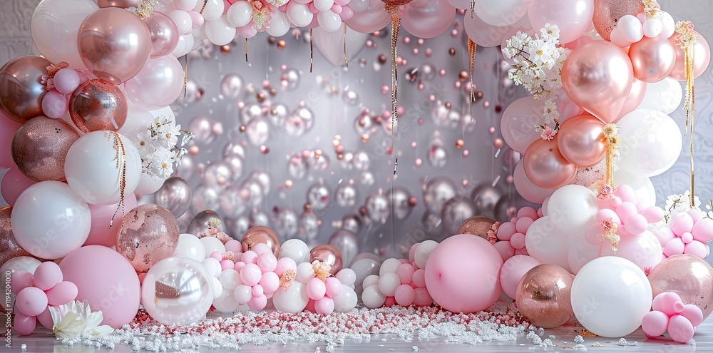 a beautiful balloon arch with white rose and golden balloons a beautiful balloon arch with white rose and golden balloons