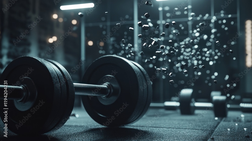 Fototapeta premium A dimly lit gym scene featuring dumbbells and weights, emphasizing fitness and strength training.