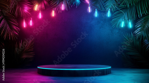 Vibrant tropical stage with colorful lights and palm leaves