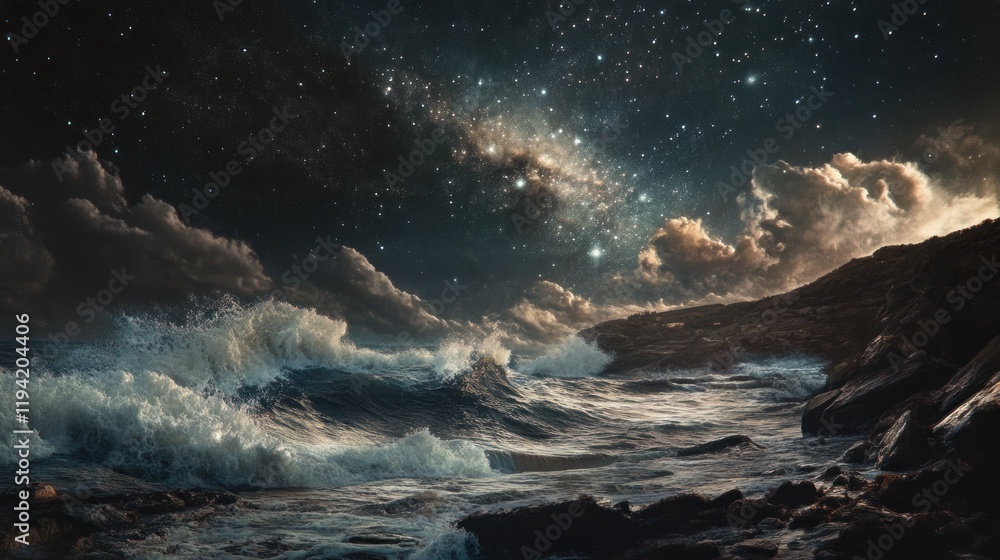 Fototapeta premium Celestial Seascape: A Nighttime Ocean Under a Starry Sky