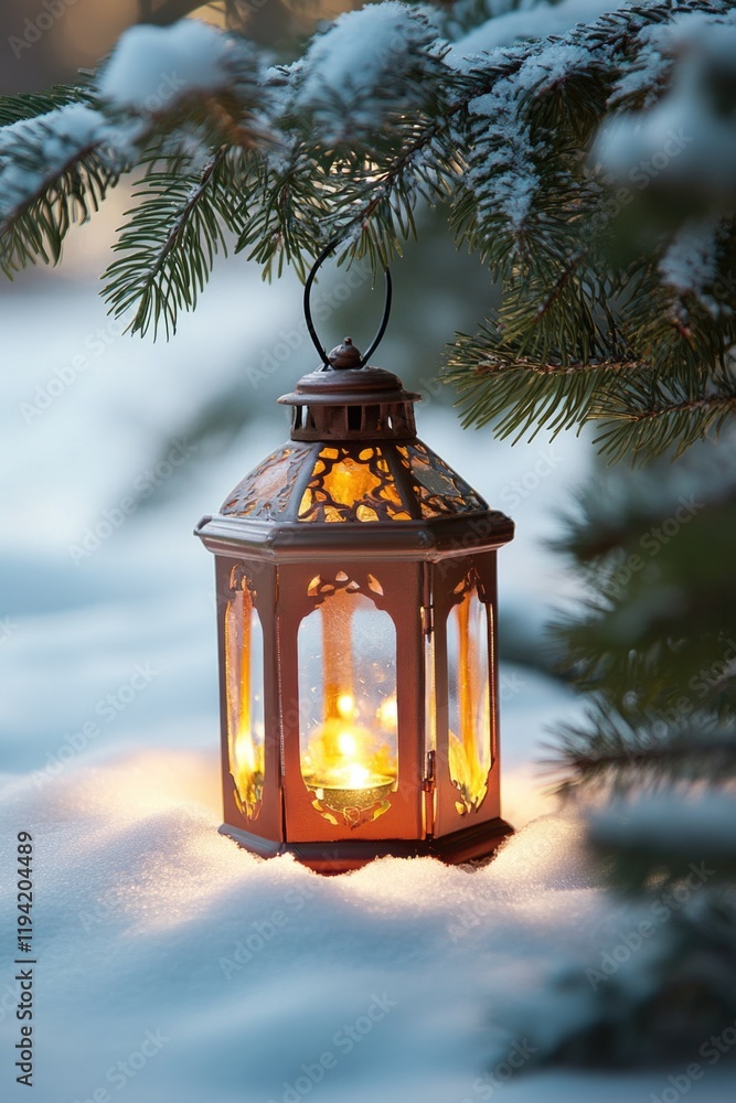 Lit lantern in snow