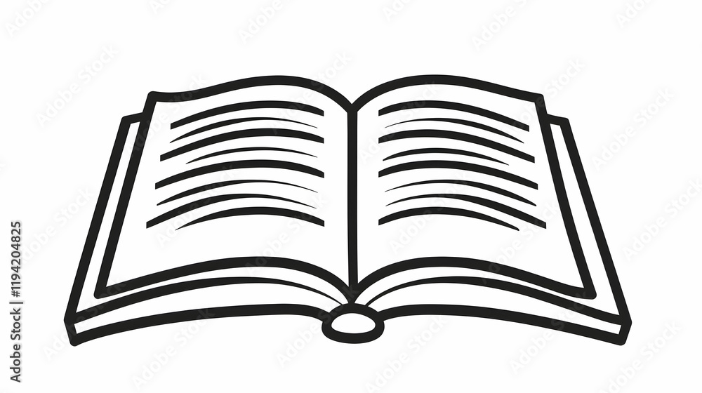 An open book with visible text lines in a black and white illustration represents knowledge, literature, and the fields of education and reading. An open book with visible text lines in a black and white illustration represents knowledge, literature, and the fields of education and reading.