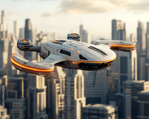 Futuristic flying vehicle over a modern city skyline. photo