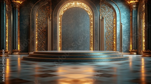Opulent Palace Interior: A Majestic Stage Setting with Golden and Blue Accents