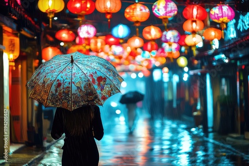 Wallpaper Mural A woman walking along a Chinatown street, her oriental umbrella contrasting with the colorful, rain-soaked lanterns above. Torontodigital.ca