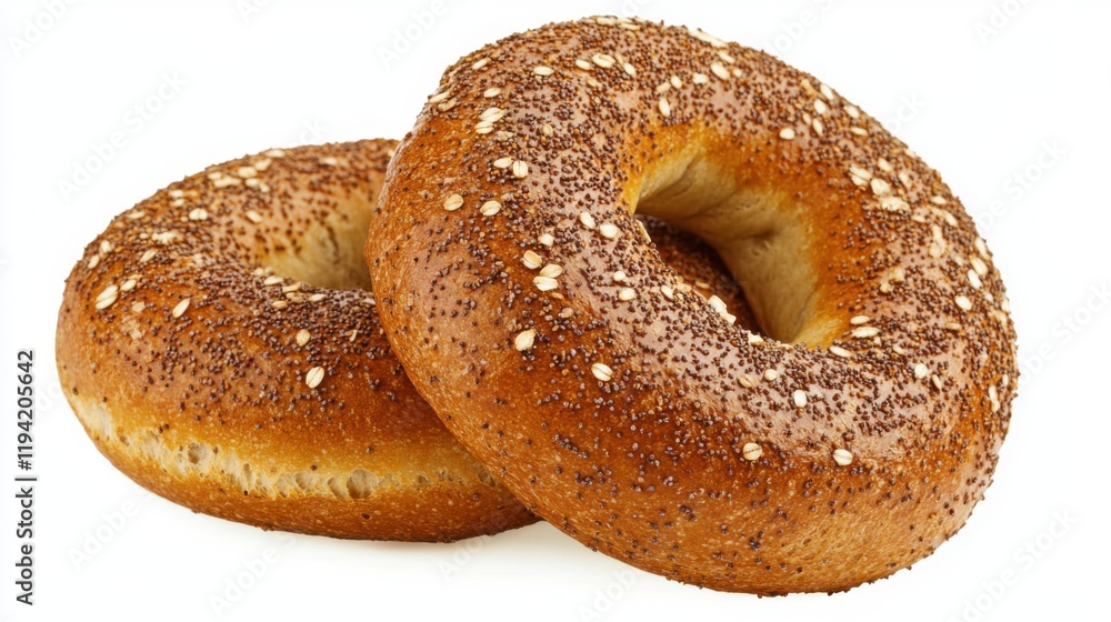 Freshly Baked Bagels with Poppy Seeds and Sesame Seeds on a White Background Ideal for Breakfast, Snacks, and Bakery Displays Freshly Baked Bagels with Poppy Seeds and Sesame Seeds on a White Background Ideal for Breakfast, Snacks, and Bakery Displays